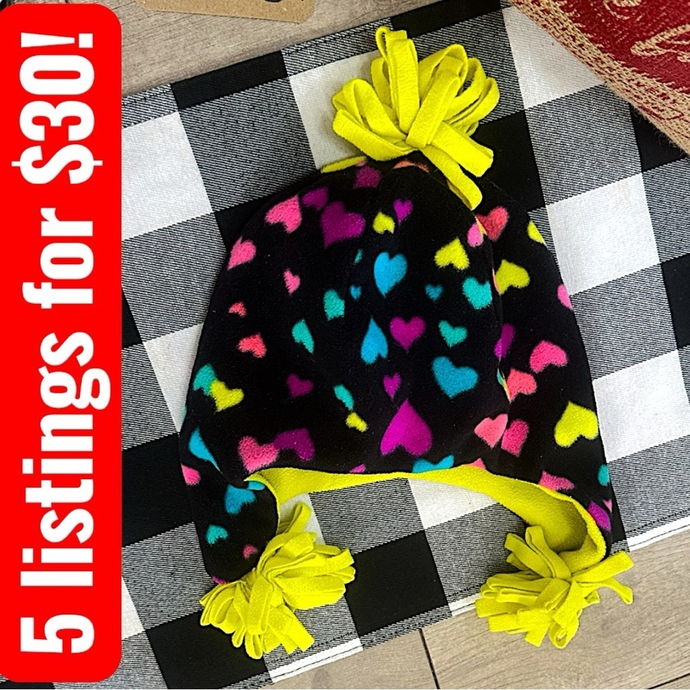 Vintage Y2K Place Girls Winter Hat Fleece Heart Pattern Pom Vibrant Age 8+